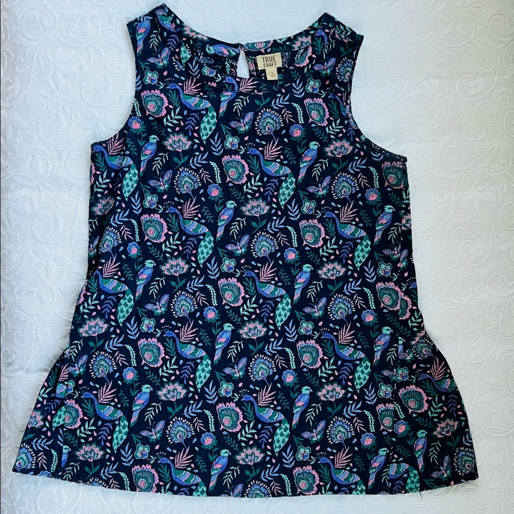 True Craft Girl Tunic Top Size L (14/16) Butterfly, Floral, Peacock & Bird Print